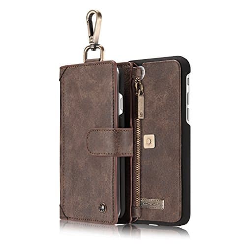 iPhone 7 Case,HIPICB Movement Series Handmade Premium Leather Wallet Phone Case,[Carabiner][Credit Card Slot] [Detachable Magnetic Case] [Wallet]Zipper Storage for iPhone 7 4.7 inch (Brown)
