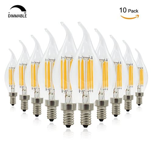 Dimmable Edison LED Filament Bulbs E12 Candelabra Base, 6W (60W Equivalent) C35 Flame Tip Light Bulb 2700K Warm White Chandelier Decorative Classic Glass Lamp, 10-Pack