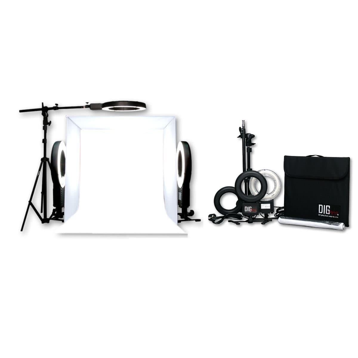 DigPro 60cm Lighting Studio Cube with 3 x 28W Photographic Studio Ring light Kit (5400K 90+ CRI Lamp Power 180W EQ) with Boom/Stands & Smart Accessories Kit