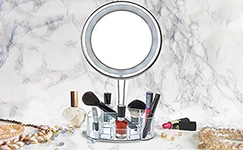Magnifying Lighted Makeup Mirror with Cosmetic Organizer Base | 7X Magnification, LED Lighted Free Standing Bathroom Mirror for Vanity, Desk or Tabletop