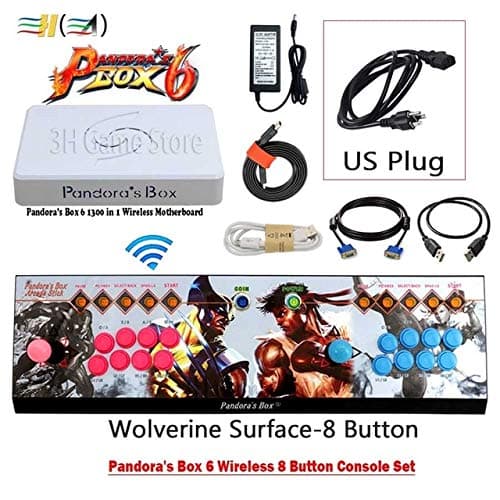 Cholyme LLC 1 Set 8 Button Pandora Box 6 1300 in 1 Wireless Iron Console Set 2 Players Arcade Controller Support FBA mame ps1 3D can add 3000 Game 8b Wireless JGL US