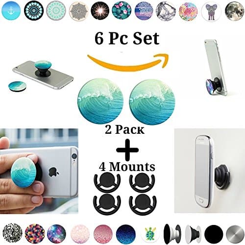 Pop Phone Grip Phone Grip Set (6 Piece) with 2 Piece Tablet Cell POP and 4 Universal Hands Free Mount - Wave