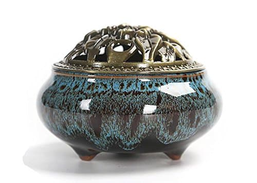 ETIAL Celadon Ceramic Tower Cone Coil Stick Incense Burner Holder - Ash Catcher Bowl Censer Sapphire