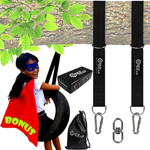 Tree Swing Straps Hanging Kit (Set of 2) - 5 ft Long Strap +2 Locking Carabiners +1 Swivel Hook +1 Superhero Cape For Kids - Fast &amp; Easy Installation - Great For Swing Sets, Hammock, Web &amp; Tire Swings