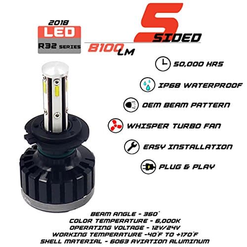 HIDSRUS 5-Sided H7 LED Headlight Bulbs with H7 Five Sided LED Headlight Conversion Kit 2 Pcs 6K CREE LED 60W