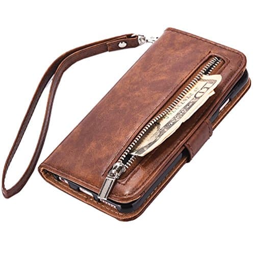 iPhone 7 wallet Case, WOOZU iphone7 Wallet Case [Wrist Strap] [Folio][Flip]with Stand Feature and Card Holder for Apple iPhone 7 4.7"inch,with Zipper Cash Purse Slot Pocket