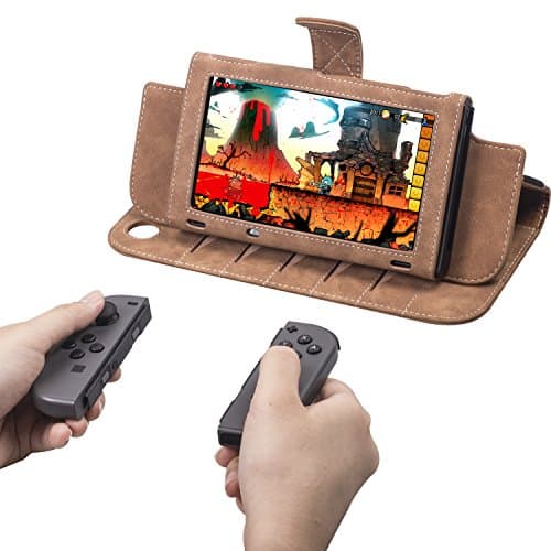 Kaci Leather Case for Nintendo Switch - Premium PU Leather Slim Fit Play Stand Cover for Nintendo Switch 2017,Wrist Strap Attached for Easy Carrying,Brown