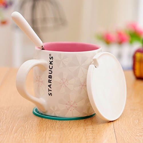 QPSSP Creative Starbucks Coffee Cup Coffee Cup Ceramic Cup With Sakura Wind Cover The Couple Mug Simple Female Office Cup Within The European Cup With The Bamboo Powder Cover Pad,A