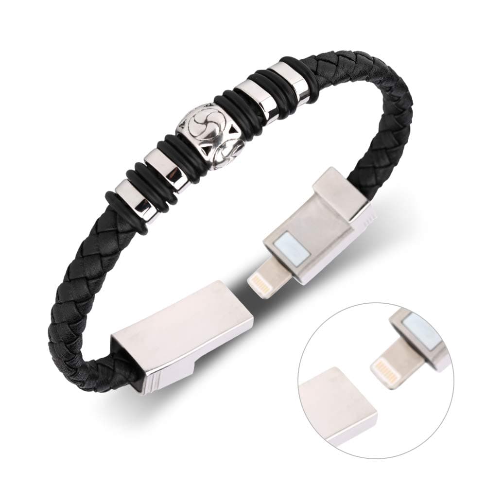 USB Charging Bracelet Data Charging Cord- Durable Braided Leather Charging Wrist Cuff USB 8.2"(Black)