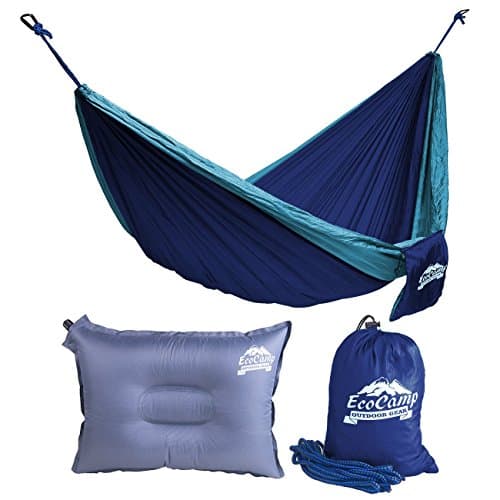 EcoCamp Portable Camping Hammock Single &amp; Double - Lightweight, Heavy-Duty, Parachute Nylon-Easy Hanging Outdoor Hammock - Free Bonus Pillow &amp; eBook - for Backpacking, Travel, The Beach, Your Backyard