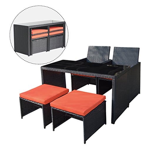 URSTAR 5-piece Outdoor Wicker Dining table set for 4 Person- Patio Rattan Furniture Set with Orange Cushion