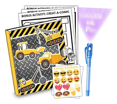 Construction Trucks Kids Diary With Lock Includes 6.5 Inch Diary, Invisible Ink Pen, Stickers, &amp; Bonus Activity Pages