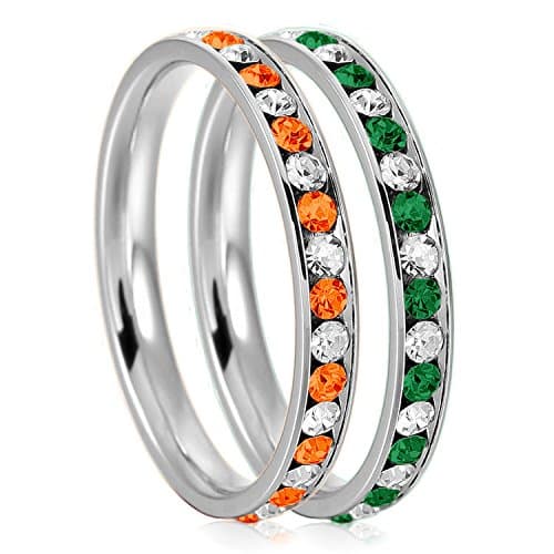 3mm Stainless Steel Crystal Channel Eternity Wedding Band Stackable Ring Set, Orange Hyacinth &amp; Green Emerald Color, Size 8