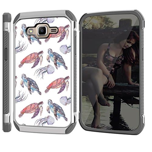 [J2 Prime] Case, CASECREATOR[TM] For Samsung Galaxy J2 Prime (Unlocked)~DSC HYBRID TPU Hard Case Silver White-Jellyfish and Turtles