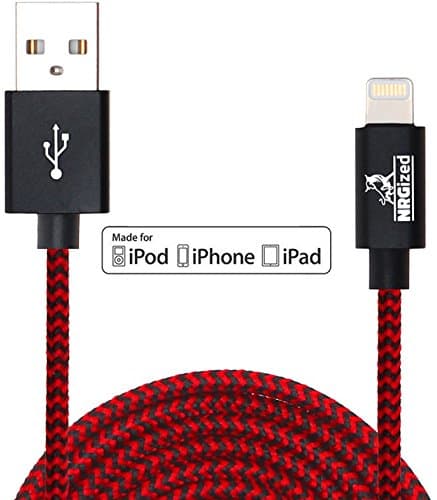 NRGized Premium 3ft Nylon Braided USB Cable with Lightning Connector [Apple MFi Certified] for iPhone 6s Plus / 6 Plus, iPad Pro, Air 2, iPod Nano, and More (Red Stripe)