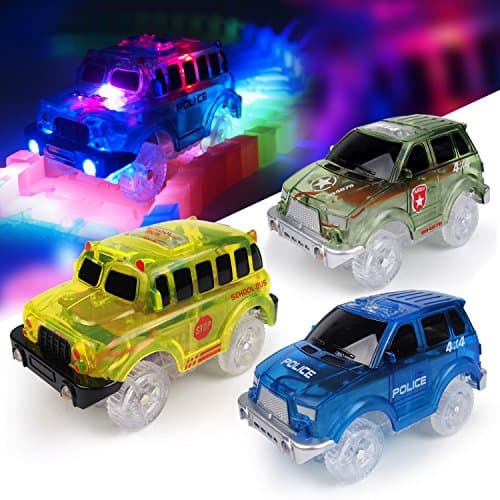 [3-Pack] Light-Up Replacement Track Race Car Toy | 4X4 Racing Cars w/ 5 LED Lights | INDEPENDENT &amp; TRACK PLAY | Track Accessories | Compatible with Most Tracks | Endless Fun for Boys &amp; Girls