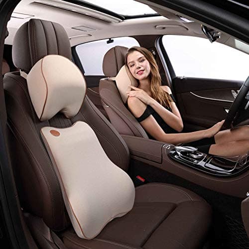 Ergoneer Premium Memory Foam Back Cushion Lumbar Support & Neck Rest Pillow Car Seat Kit for Driving Office and Home (Beige)