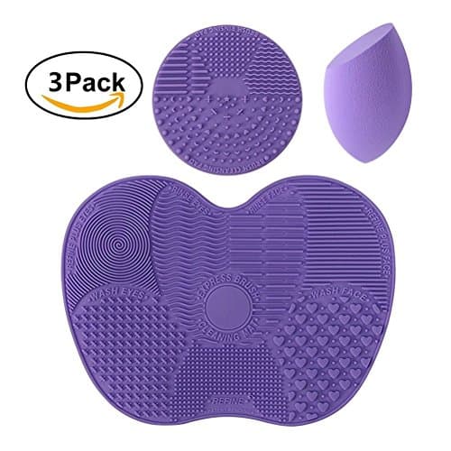 3 pcs/set Makeup Brush Cleaning Mat Pad with Sucker, 1 Apple Shape Mat,1 Circle Shape Mat and 1 Makeup Sponge Puff, Silicon Brush Cleaner Scrubber Board