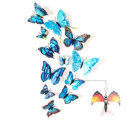 2017 The Latest Upgrade 3D Double-Deck Butterfly Wall Stickers Decor Art Decorations With Magnet、Sponge Gum And Pin 12 Pack (Blue-Magnetic Button&amp;Sponge Gum)