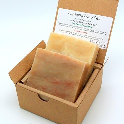 Shampoo Soap Gift Set (2 Full Size Bars) - Cherry Almond, Tea Tree &amp; Mint HAIR / BODY / BEARD Soaps - Perfect for Travel, Gym, Outdoor Activities by Aptos Trading Company