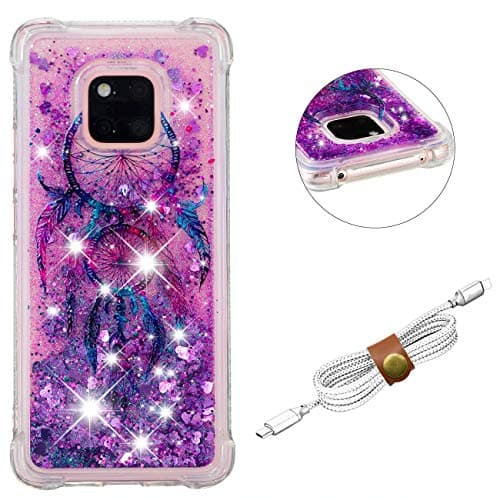 QY Mart Glitter Case Compatible Huawei Mate 20 Pro Cute Pattern Flowing Bling Liquid Clear Soft Gel TPU Bumper Shockproof Protective Silicone Cover + Headphone Organizer (Dreamcatcher)