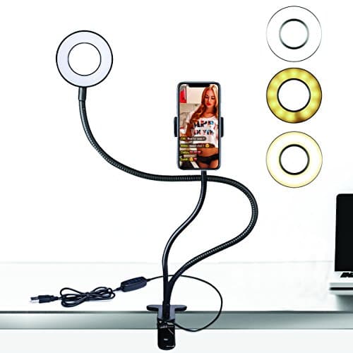Selfie Ring Light with Phone Holder for Live Stream and Makeup, 360 degree Long Arm Clip-On Table Holder LED Fill-In Light [3-Light Mode] [10-Level Brightness] for iPhone &amp;Android