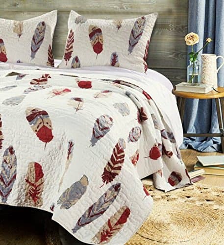 Finely Stitched Quilt Set with Sham Brushed Microfiber Feather Theme Print Design Lodge Log Cabin Bedding Ivory Red Grey Luxury Reversible Bedspread Single Twin Size - Includes Bed Sheet Straps