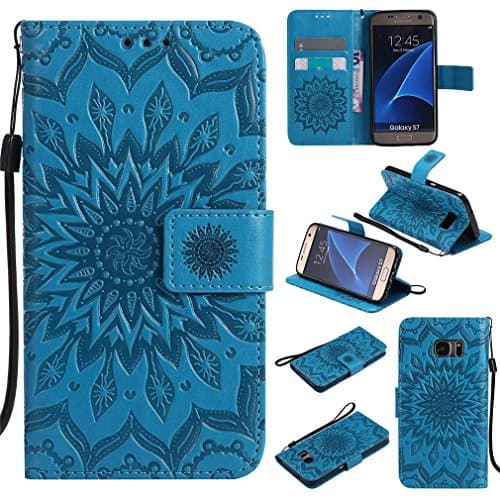 S7 Edge Case,Galaxy S7 Edge Case - Wallet Case Flip Kickstand Case 3D Embossed Sunflower PU Leather Case Shockproof Soft TPU Bumper Slim Protective Card Slots Hand Strap Cover by LTWS-blue