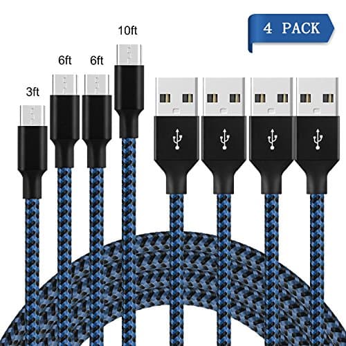 Micro USB Cable Charge, HWTONG Nylon Braided High Speed USB Micro USB Charging Cable, Sync and Charging Cord for Kindle, Samsung, Nexus, Android Smartphone etc 4 Pack 10FT 6FT 6FT 3FT [Black&amp;Blue]