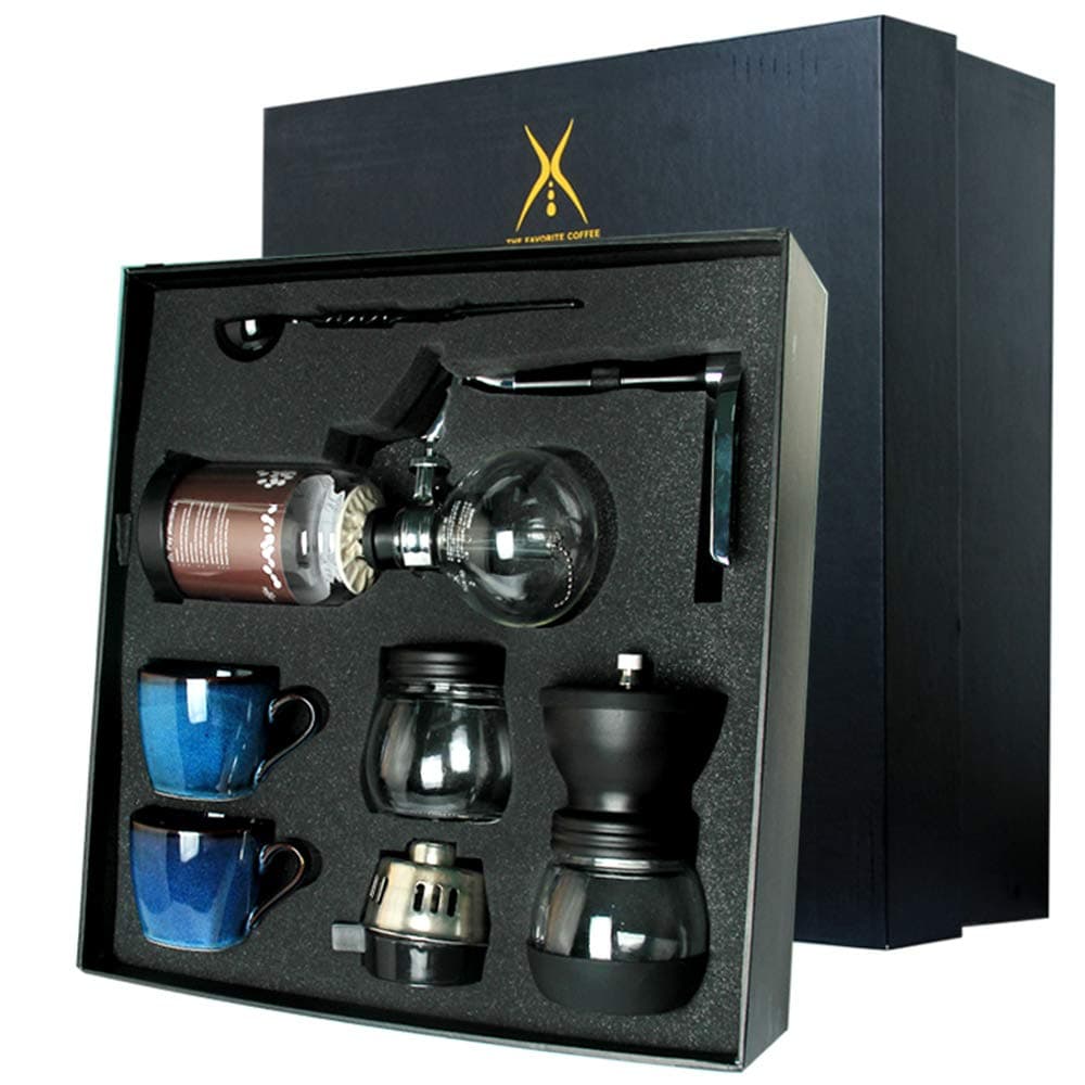 UINK Siphon Coffee Maker, Vacuum Coffee Maker, Manual Coffee Grinder Cup And Saucer Coffee Gift Set (3-Cup),B