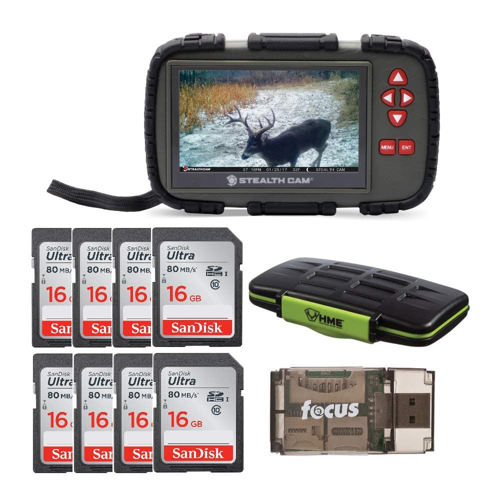 Stealth Cam SD Card Reader and Viewer with Touch Screen 4.3-inch LCD + Eight 32GB Ultra UHS-I SDXC Memory Card + Card Holder + Card Reader Bundle (11 Items)