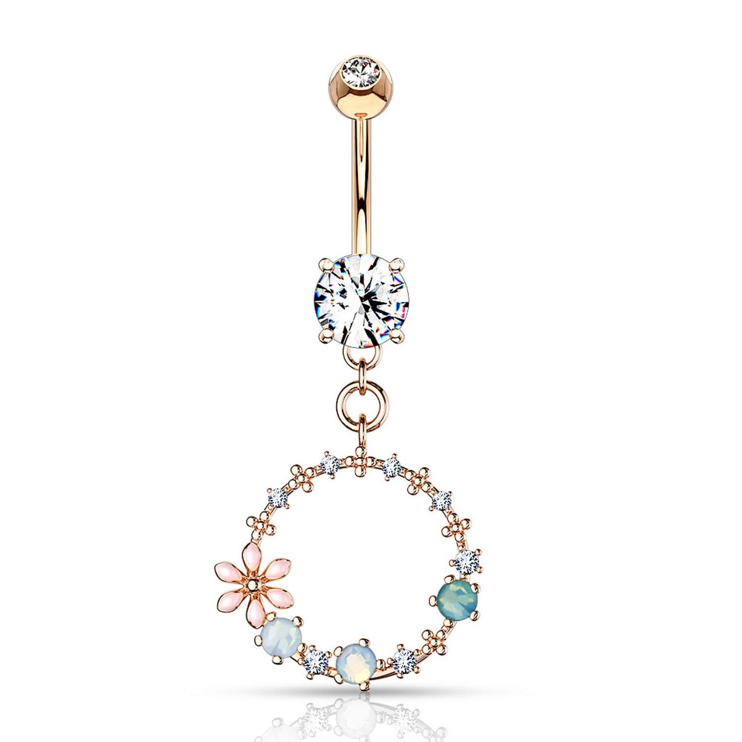 Multi-Color Flower Circle Dangle Steel Belly Button Navel Ring
