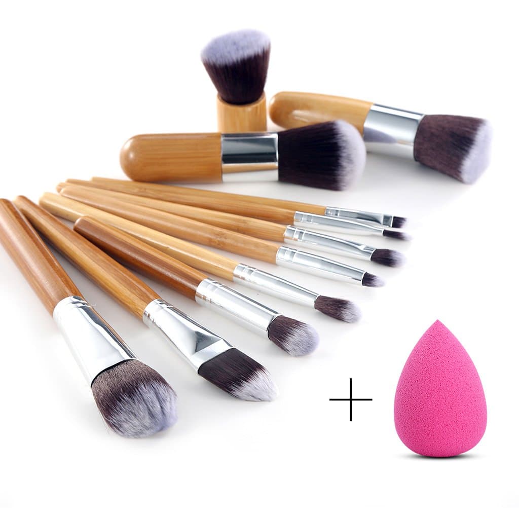 Luvin 11 Pcs Bamboo Handle Makeup Eyeshadow Blush Concealer Brush Set With Blender Makeup Sponges