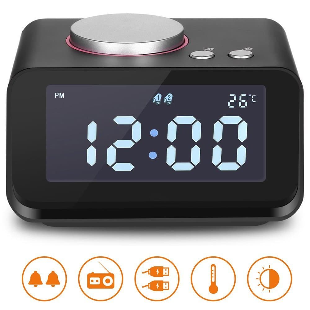 Hetyre Digital Alarm Clock with 3.2”LED Display FM Radio AUX-in Speaker Indoor Thermometer 2 USB Charger Port Snooze and Dual Alarm for Bedroom (Black)