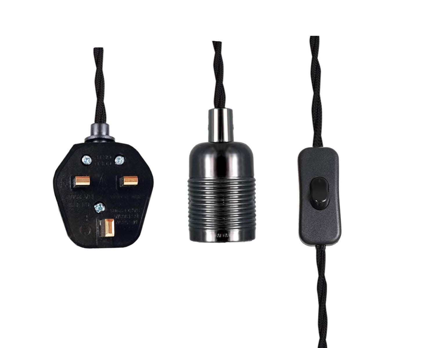 Black Nickel Plug-in Hanging Pendant Light Fitting, Ceiling Rose with Plug-in, Industrial E27 lamp Holder with 4500mm Twisted Fabric Flex and in Line On/Off Switch