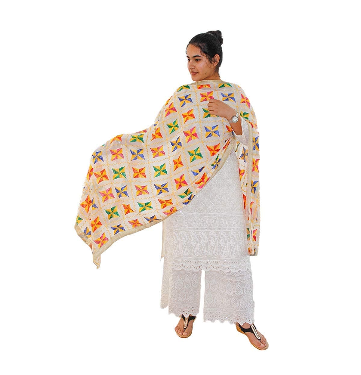 White Phulkari Pankha Dupatta