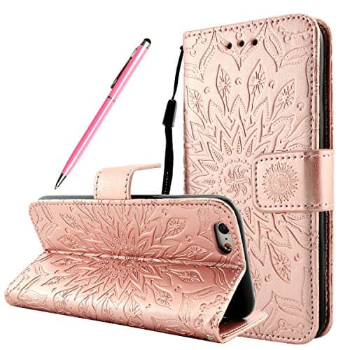 iPhone 8 Case, Fraelc iPhone 7 [Mandala Henna Flower Pattern] Leather Flip Stand Phone Cover Anti- Shock Design Magnetic Wallet Bookstyle Case Cover with Credit Card Slots for iPhone 7 / iPhone 8 4.7 Inch, Gold
