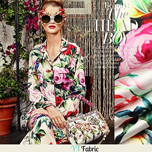 Stretch Silk Satin Fabric With Colorful Rose Pattern By The Yard