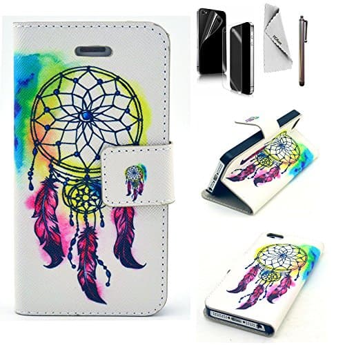 For iPhone 5s Case YCAun Wallet Flip Folio Cute PU Leather Stand Slim Fit Case With Card Holder Pocket Stylus Screen Protector and Cleaning Cloth [ Dreamcatcher]