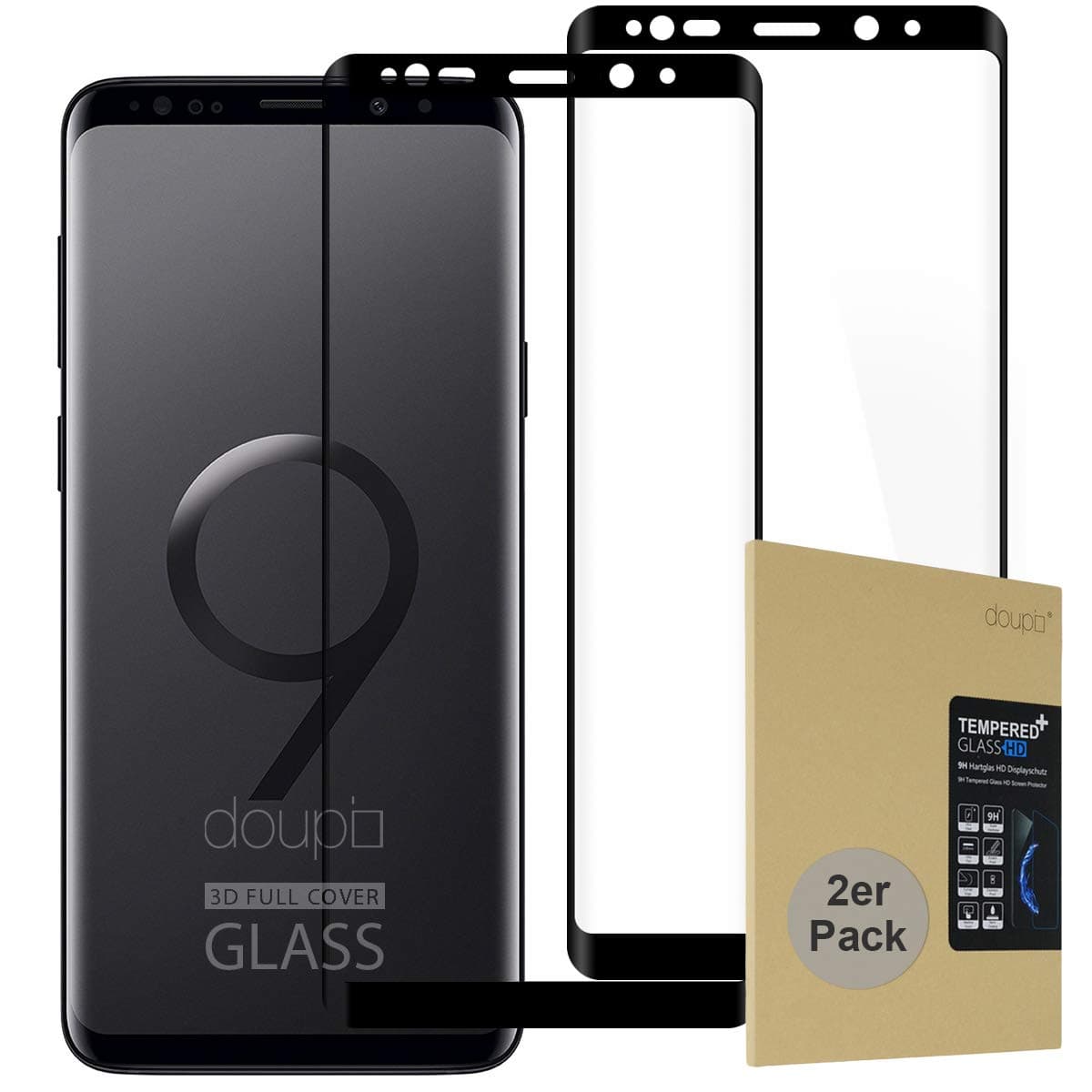 doupi 2X FullCover Screen Protector for Samsung Galaxy S9 Plus, Premium 9H HD Anti Scratch [3D Touch Supported] Tempered Glass Film, 2-Pack, black