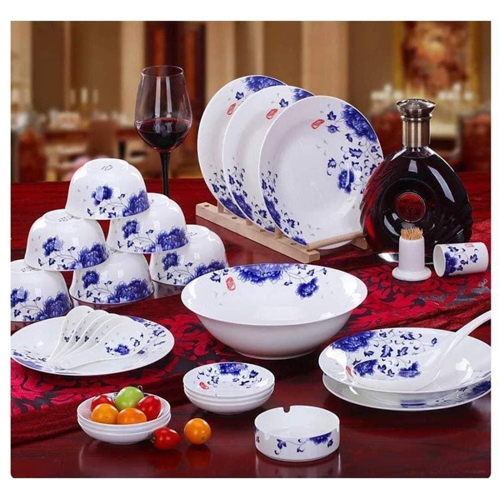 58-Piece of Kitchen Bone China Dinnerware Set from Ivory White Porcelain Dinnerware Set with Ceramic Bowls, Dessert Plates, Soup Bowls and Plates,56 (Color : 28)