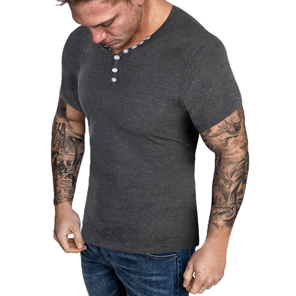 Men's V Neck Short Sleeve T-Shirt Button Muscle Basic Top Slim Fit Sports Exercise Tee Shirts