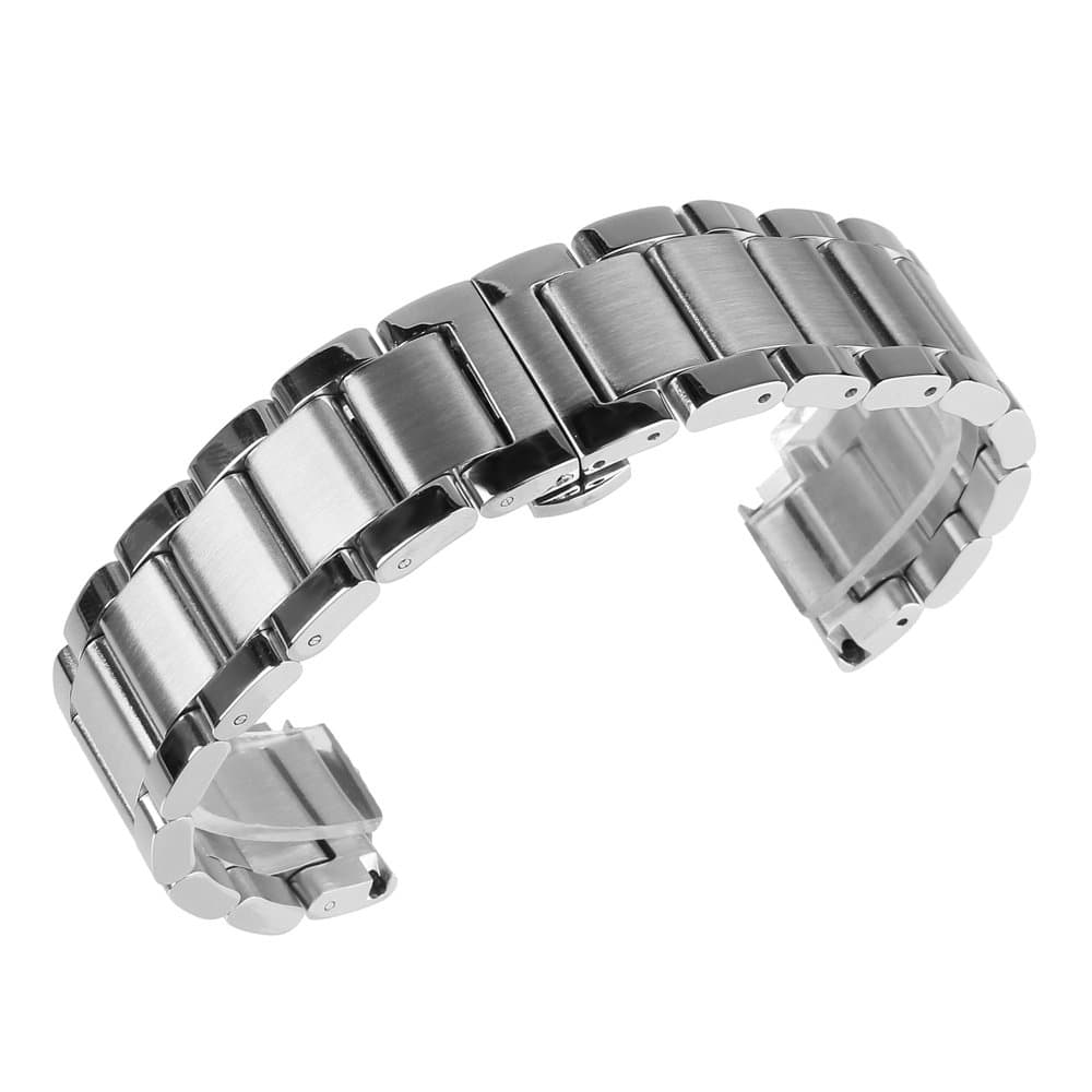 2 Tone Double Button Stainless Steel Watch Band Strap Replacement with Adjustable Links Silver
