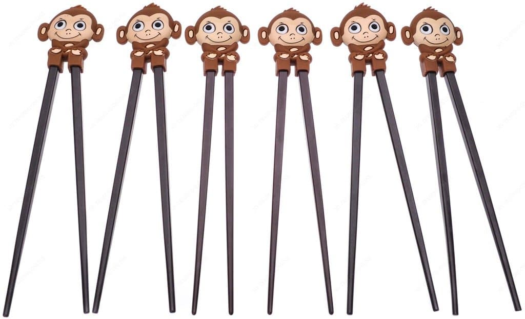Kafuh EC9/M Cute Plastic Chopsticks with Flexible Silicone Monkey Connector Training Chopsticks For Kids and Adults, Brown, Sold as 1 PAIR