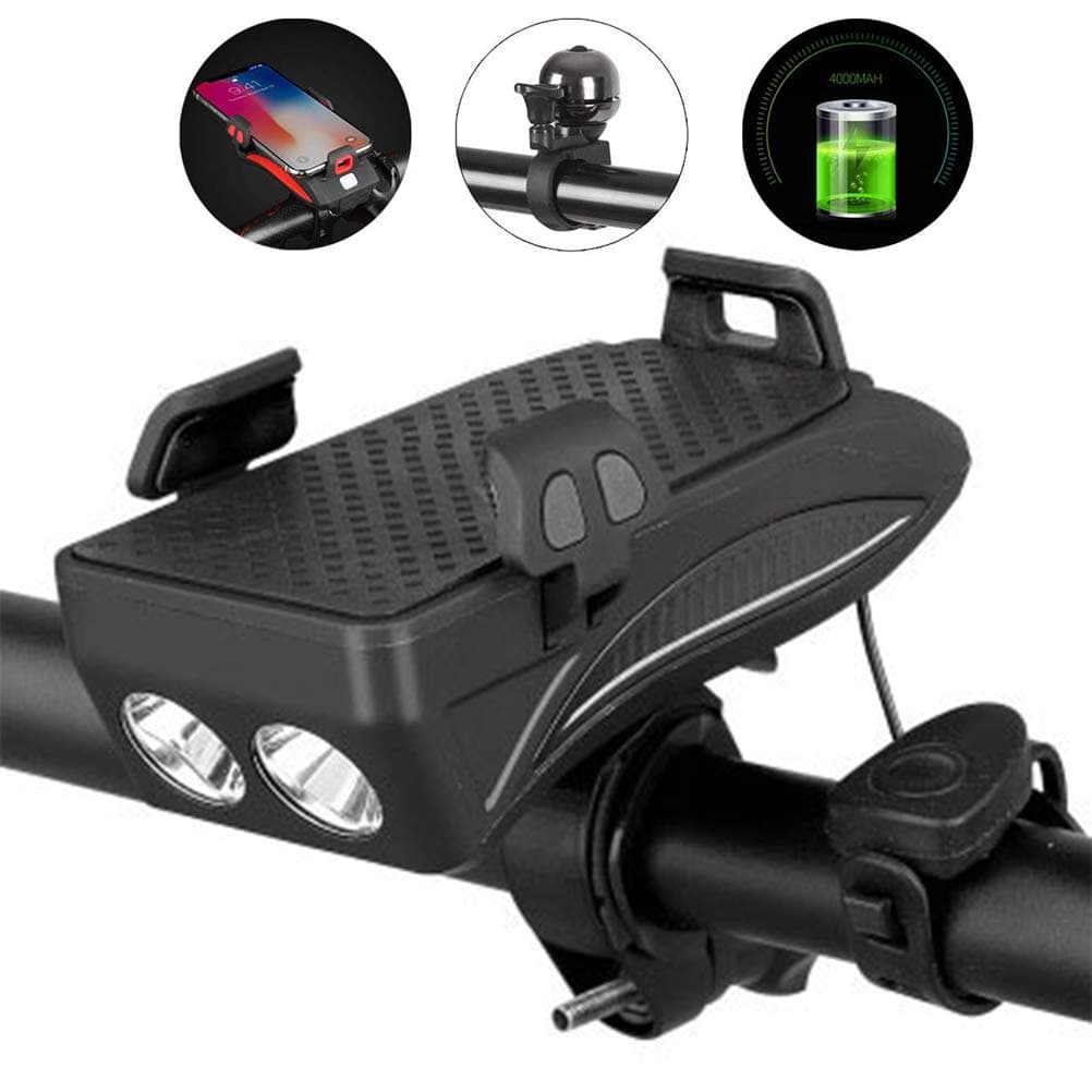 Bike Front Light Set 4 In 1 Usb Rechargeable 5 Brightness Modes Options Waterproof Front Bike Light 130 Decibel 4000mah Bicycle Lights Set Cellphone Power Bank Bicycle Mobile Phone Holder Mount