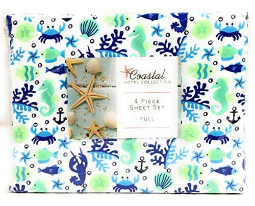 Elite Home 90 GSM Microfiber Coastal Beach-Themed Printed Sheets & Pillowcase Sets, Full, Clearwater Aqua