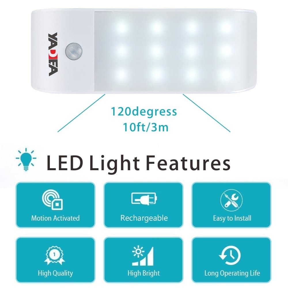YADEA USB Rechargeable Closet Light Motion Sensor 12 LED Portable Cabinet Safety Night Light for Kitchen, Stair, Bookcase and Under-cabinet with Magnetic Strip (2 Pack)