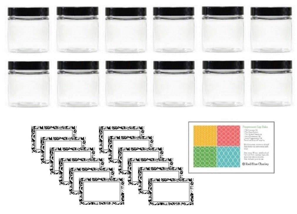 Clear 8 oz PET Plastic Round Jars with Black Lids, with Labels, 12 Pack (C8BL12)
