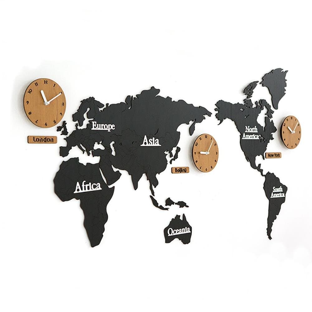 guazhong MCC Creative Home Decoration World Map Large Wall Clock Simple DIY Personalized Art Wooden 3 Country Hanging Clock, Black/Log, 13763cm