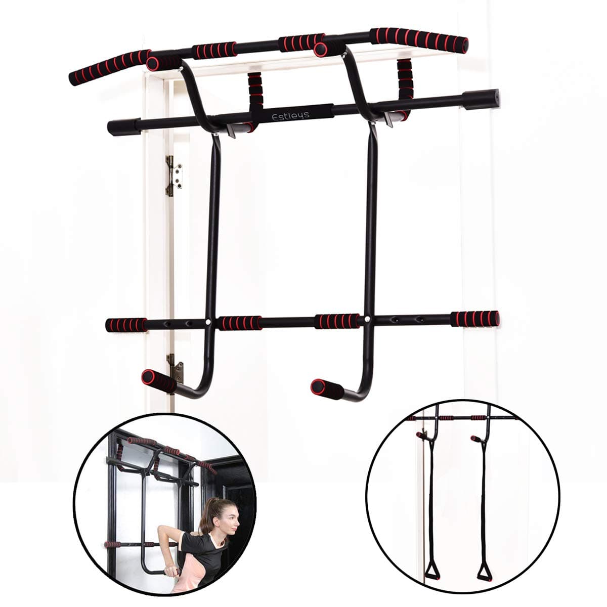 Estleys 6 in 1 Pull Up Bar Doorway Trainer, Dip Bar & Power Ropes, Chin-Up Bars for Door Frames without Screws/Drilling, Foldable